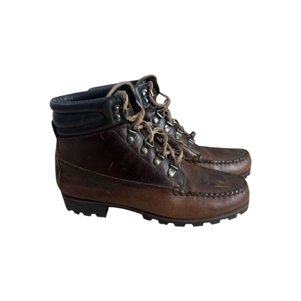 Vintage HHB Brown Leather Ankle Boots Watermocs Moc Toe Lace Up Women 8.5M